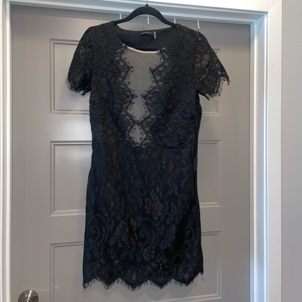Black lace fitted mini dress! See through mesh. Perfect for Bachelorette party!